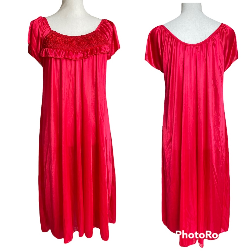 Rosettes Satin Nightdress L Red Textured Short Sleeve Knee Length Nightgown